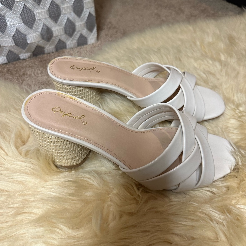 Qupid White Braided Strap Slide Sandals with Woven Block Heel